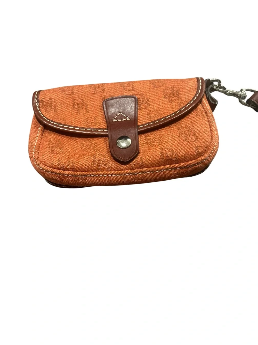 Dooney & Bourke Orange Canvas Signature Wristlet with Brown Trim